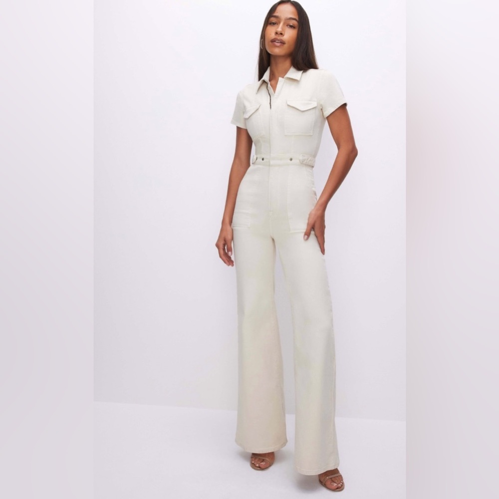 Good American Cream Short-Sleeve Utility Jumpsuit